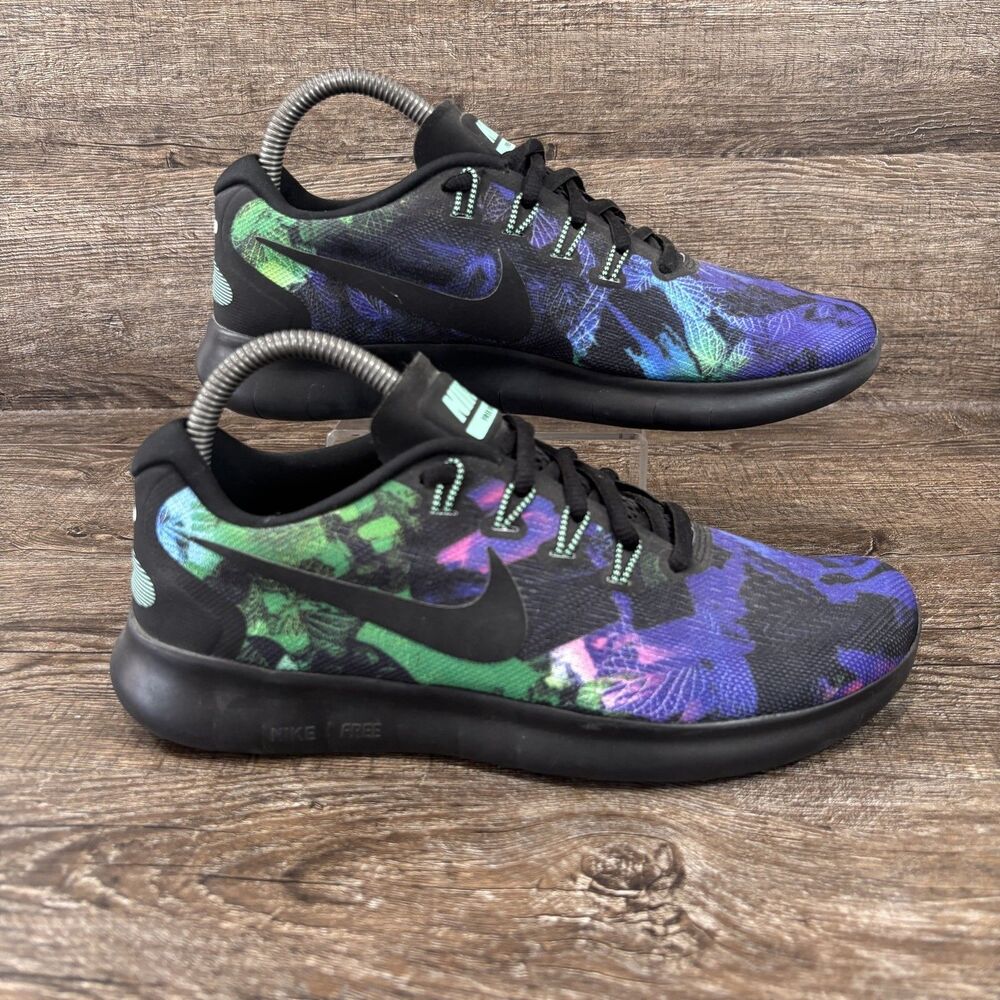 Nike Free RN Solstice Shoes Women's 8.5 Black Purple Floral Mesh Running